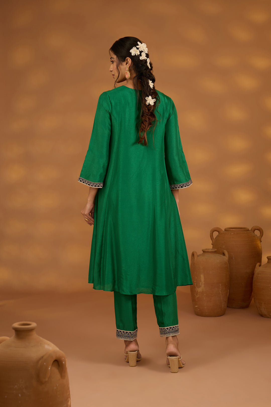 green silk embroidered kurta set with dupatta