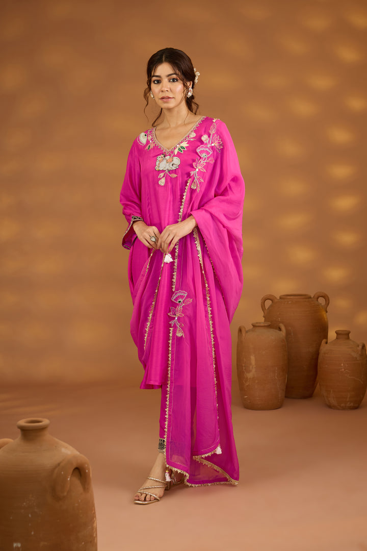 pink silk embroidered silk kurta set with dupatta