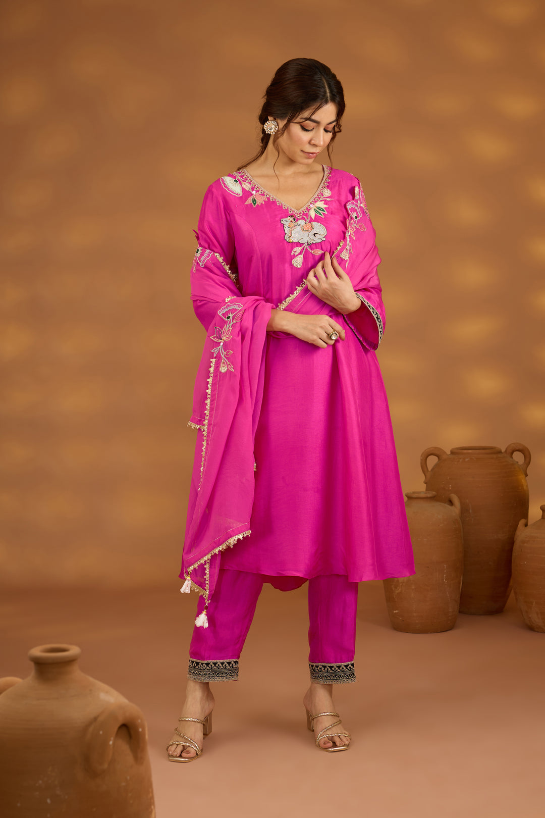 pink silk embroidered silk kurta set with dupatta