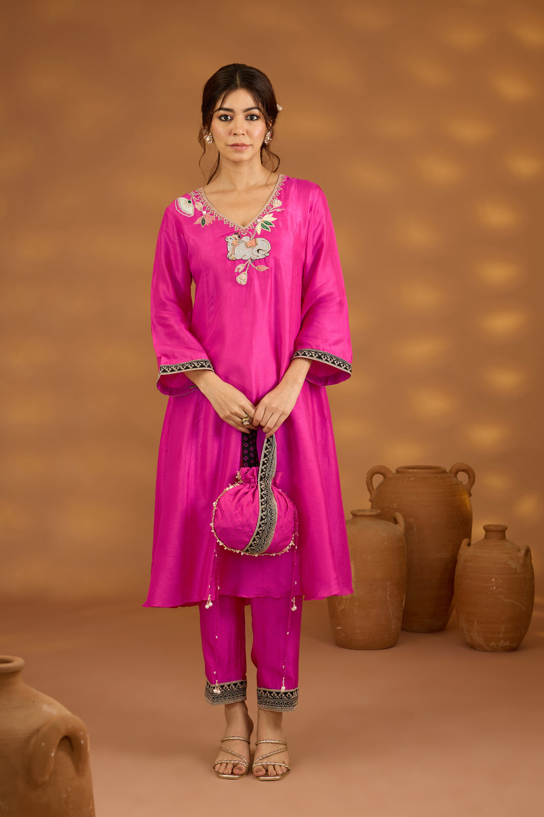 pink silk embroidered silk kurta set with dupatta