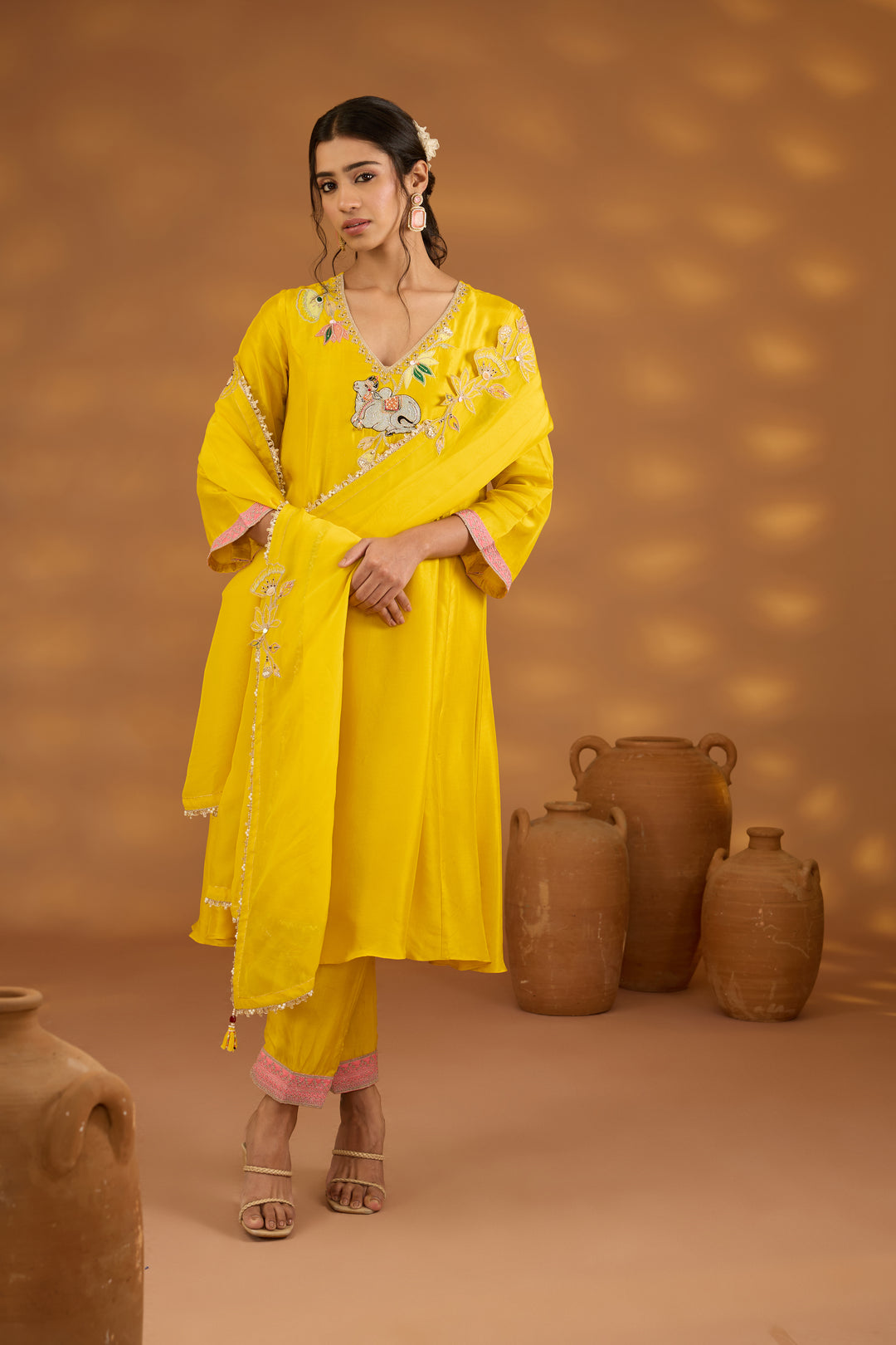 yellow silk embroidered kurta set with dupatta