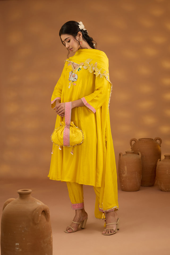 yellow silk embroidered kurta set with dupatta