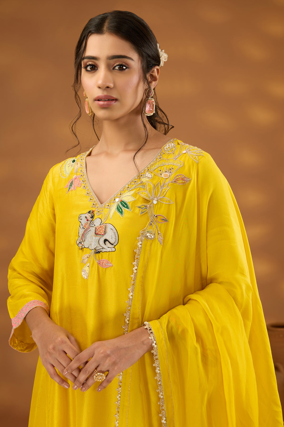 yellow silk embroidered kurta set with dupatta