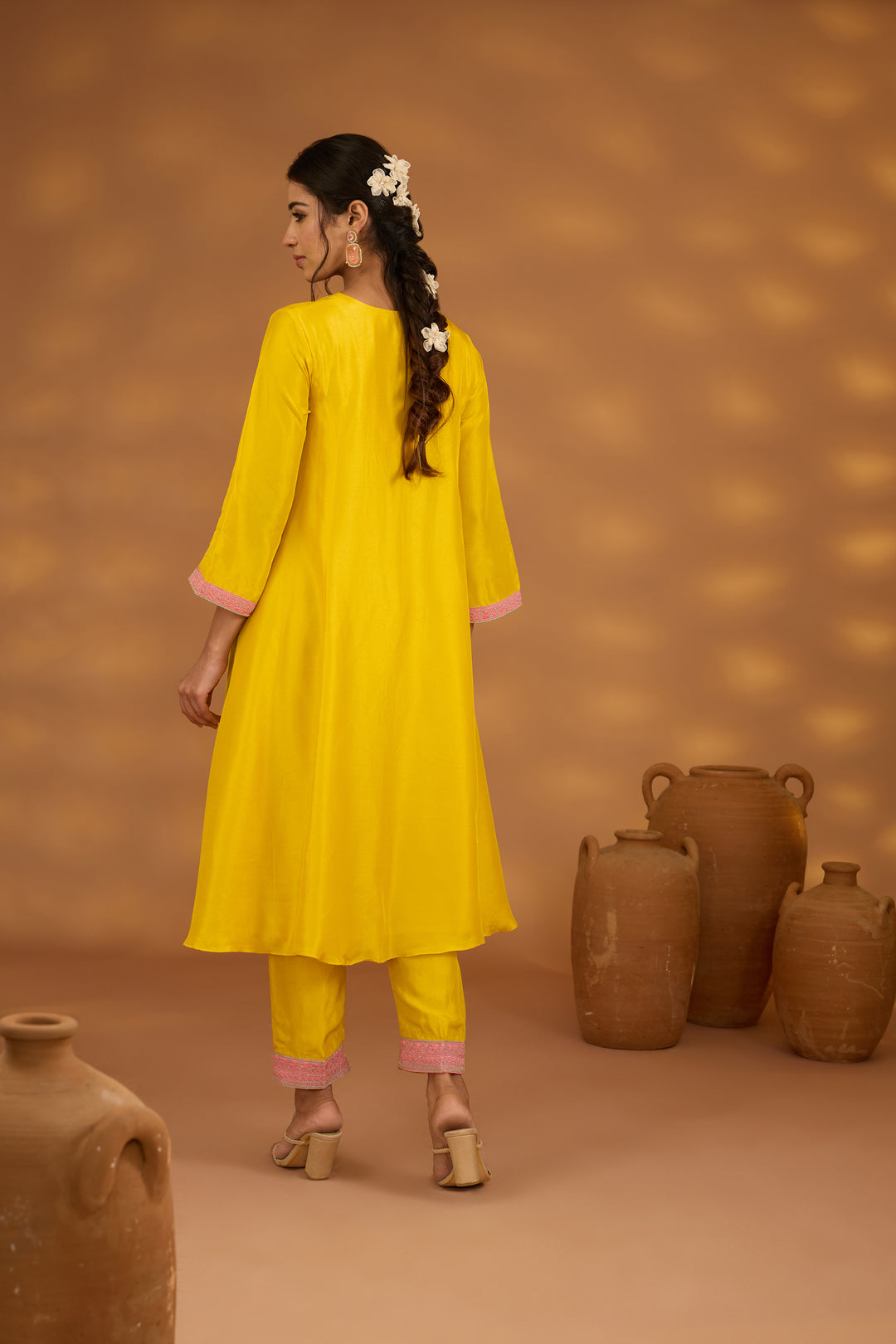 yellow silk embroidered kurta set with dupatta