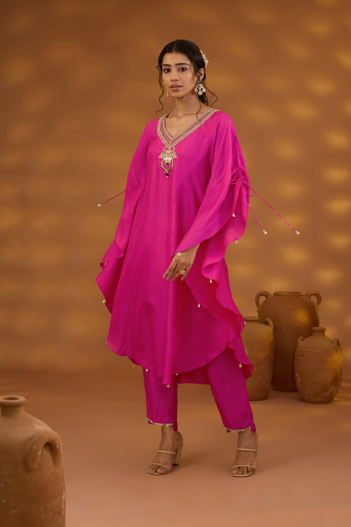 pink silk embroidered kurta set