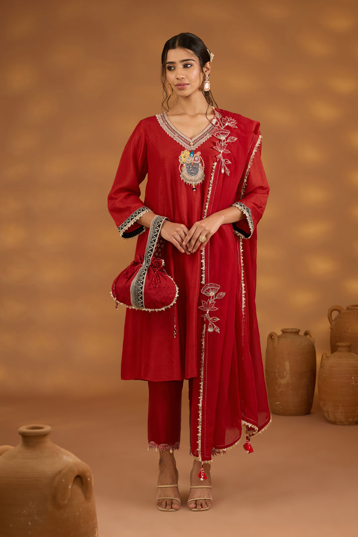 red silk embroidered kurta set with dupatta