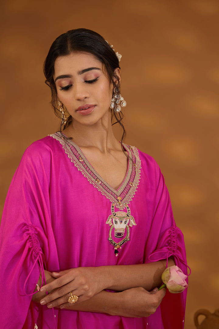 pink silk embroidered kurta set