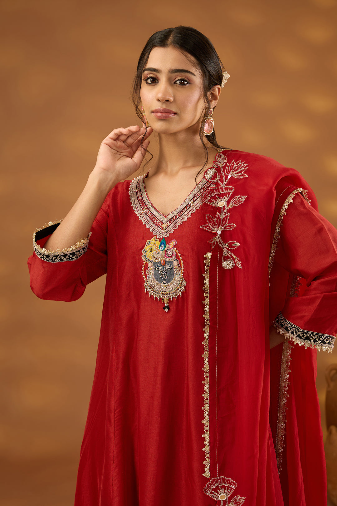 red silk embroidered kurta set with dupatta