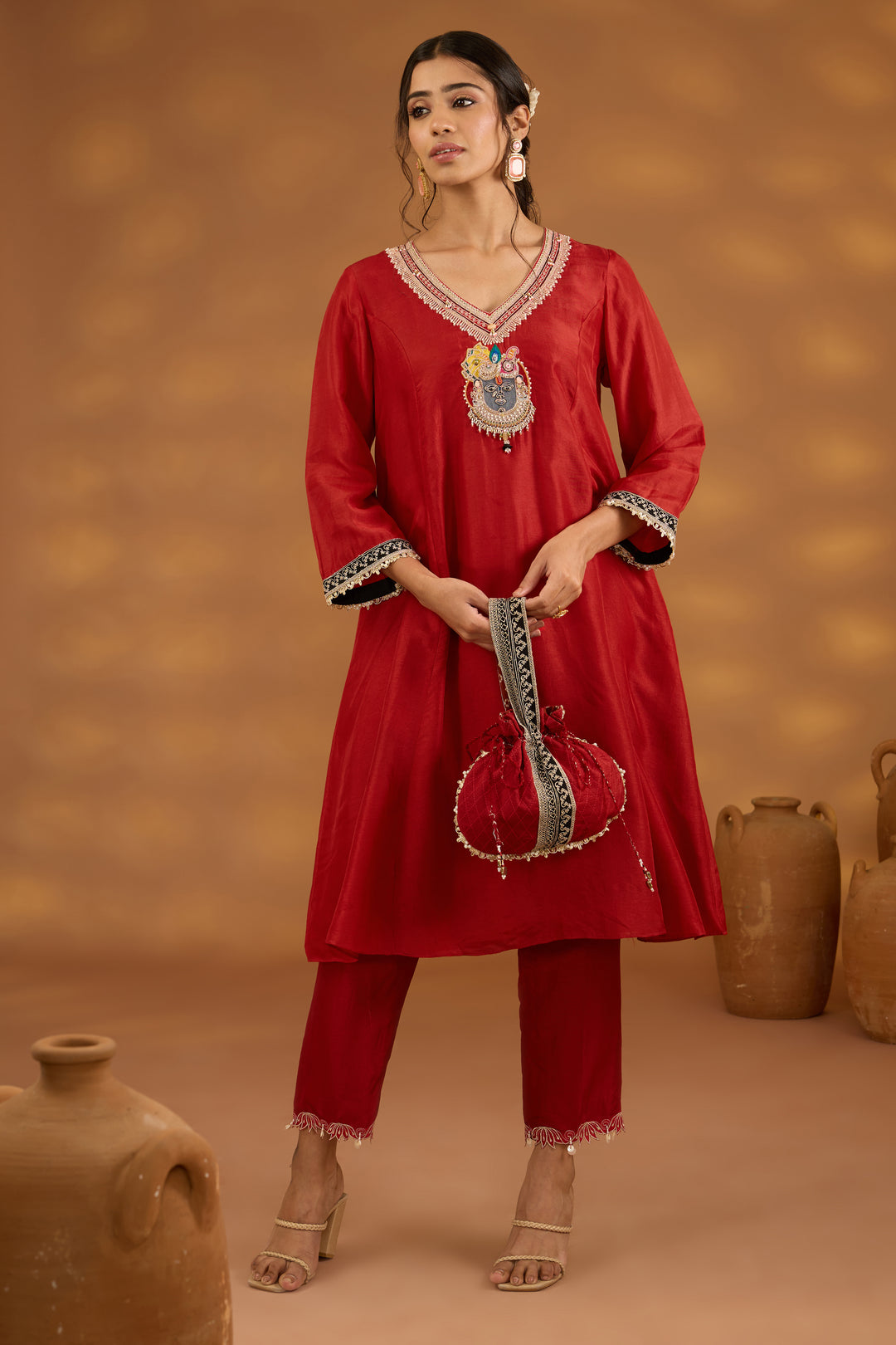 red silk embroidered kurta set with dupatta