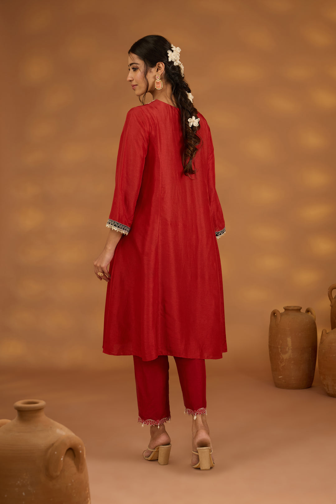 red silk embroidered kurta set with dupatta