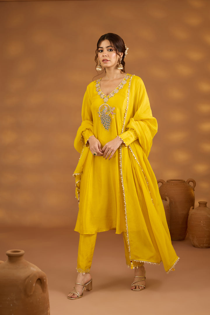 yellow silk embroidered kurta set with dupatta