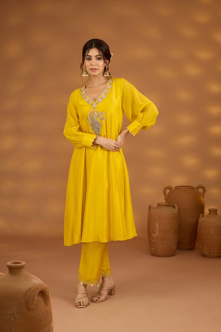 yellow silk embroidered kurta set with dupatta