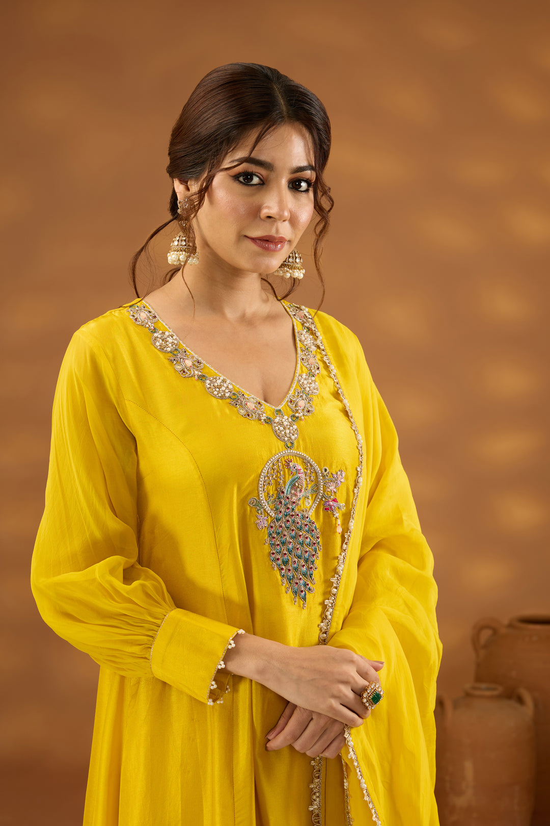 yellow silk embroidered kurta set with dupatta