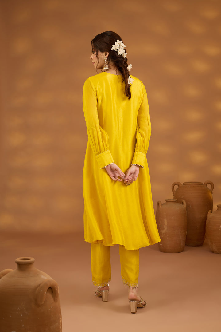 yellow silk embroidered kurta set with dupatta