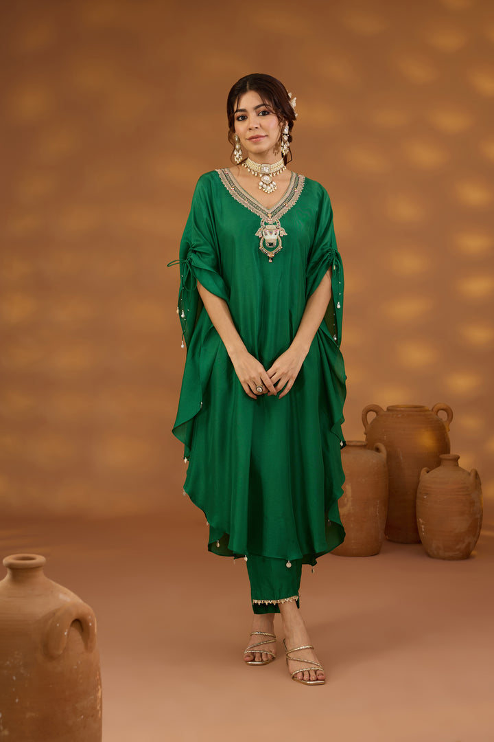 green embroidered kurta set in silk