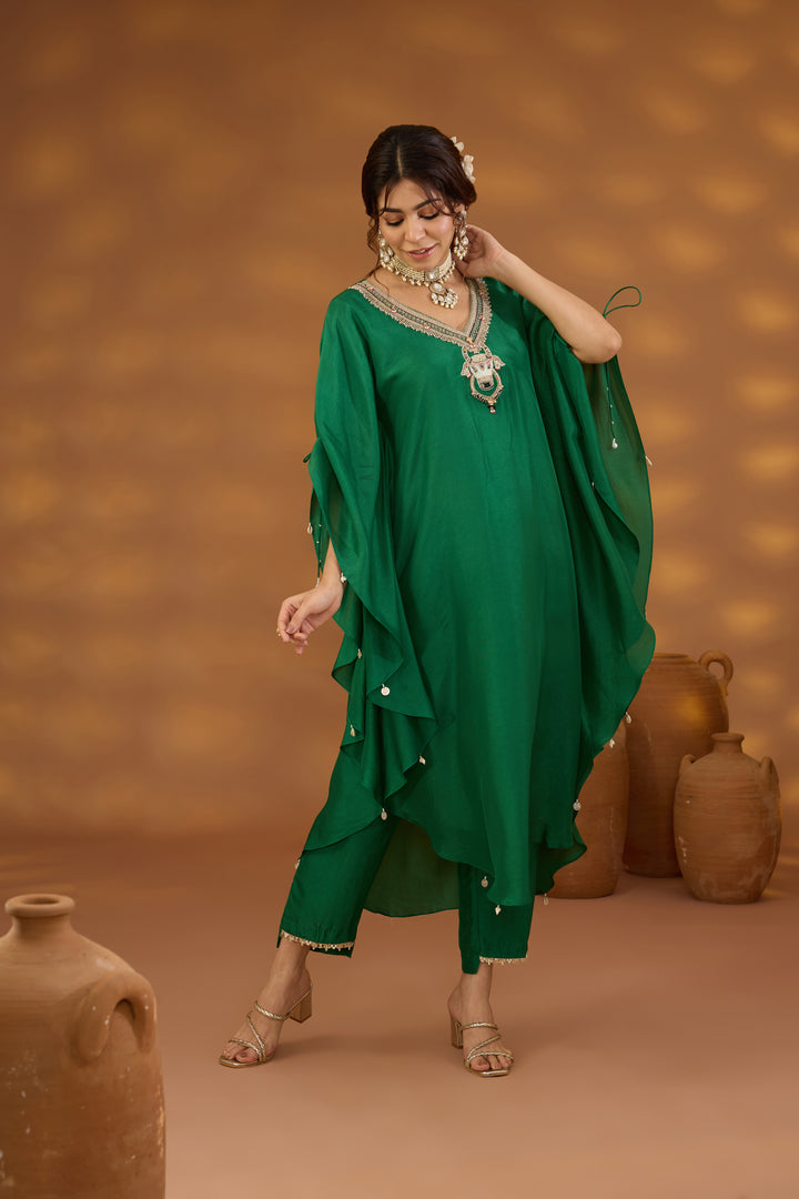 green embroidered kurta set in silk