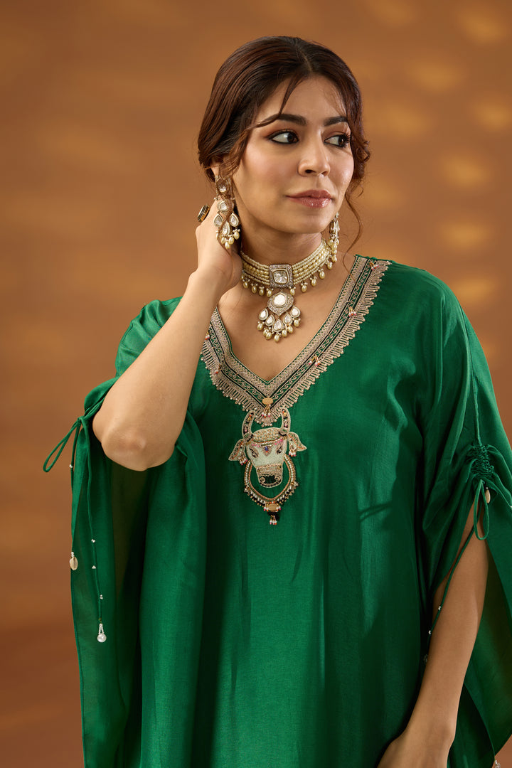 green embroidered kurta set in silk