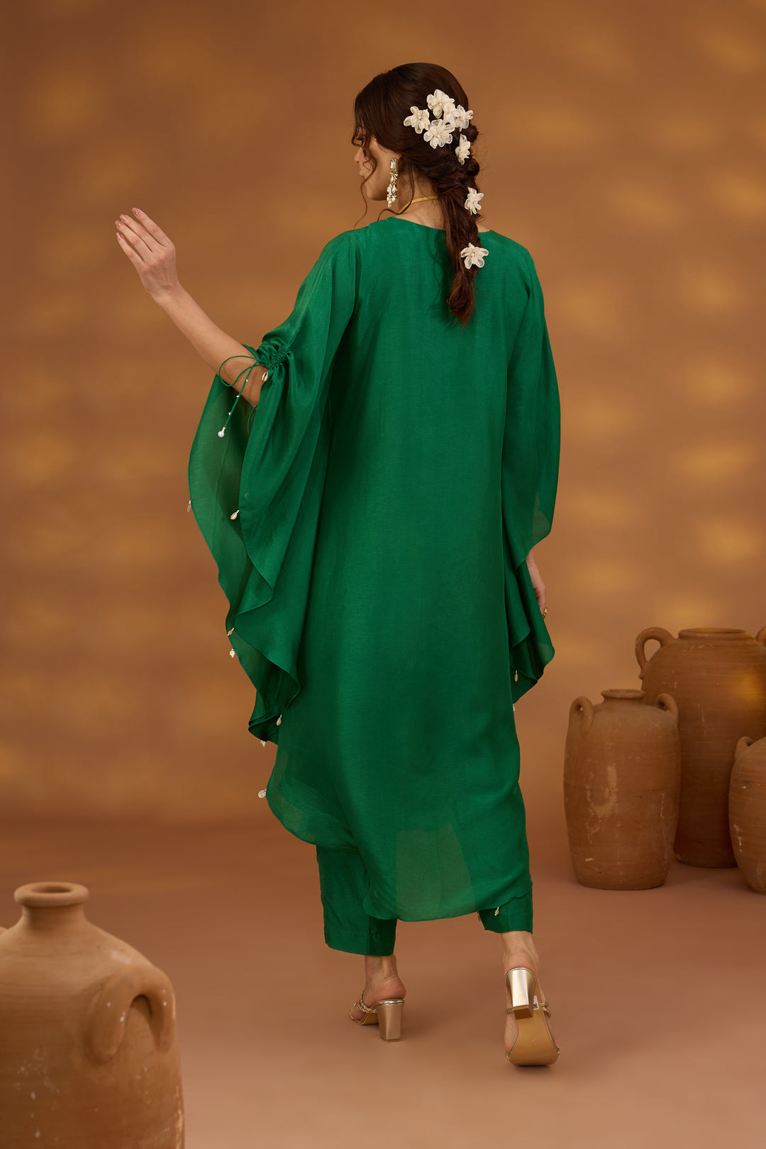 green embroidered kurta set in silk