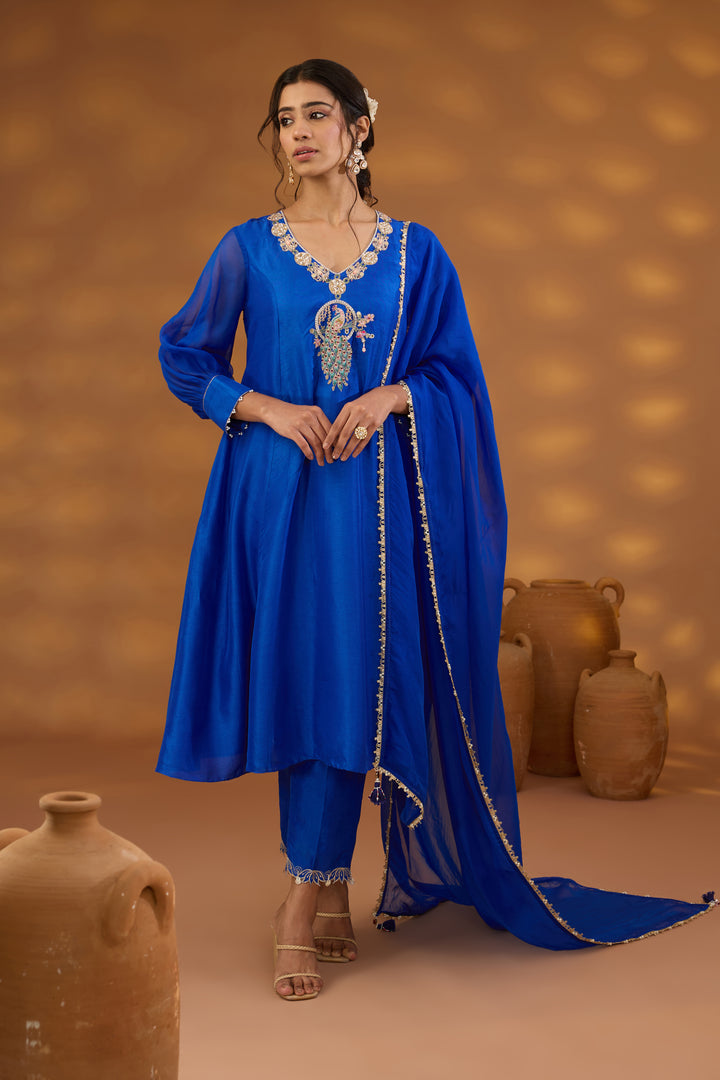 blue silk embroidered kurta set