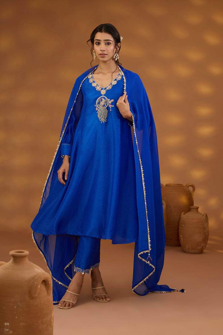 blue silk embroidered kurta set