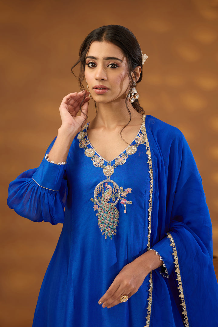 blue silk embroidered kurta set