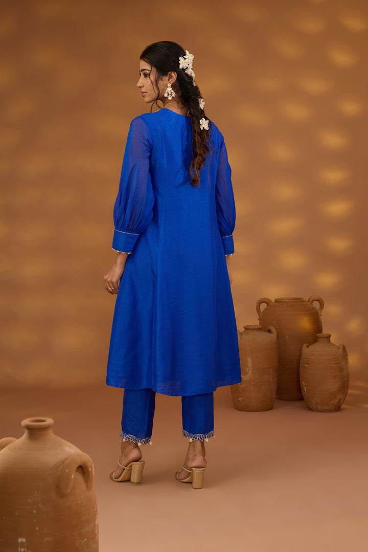 blue silk embroidered kurta set