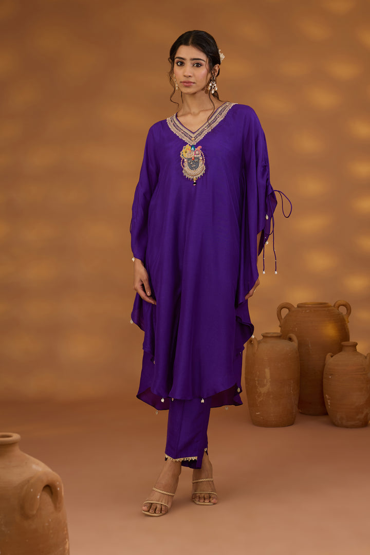 purple silk embroidered kurta set