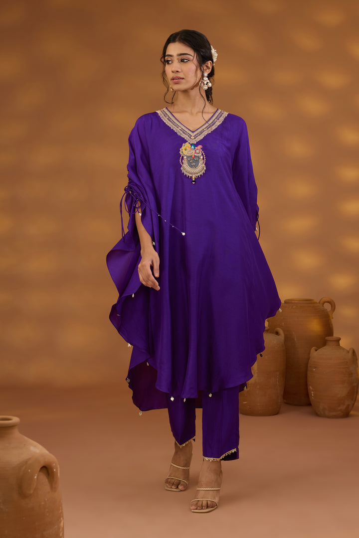 purple silk embroidered kurta set