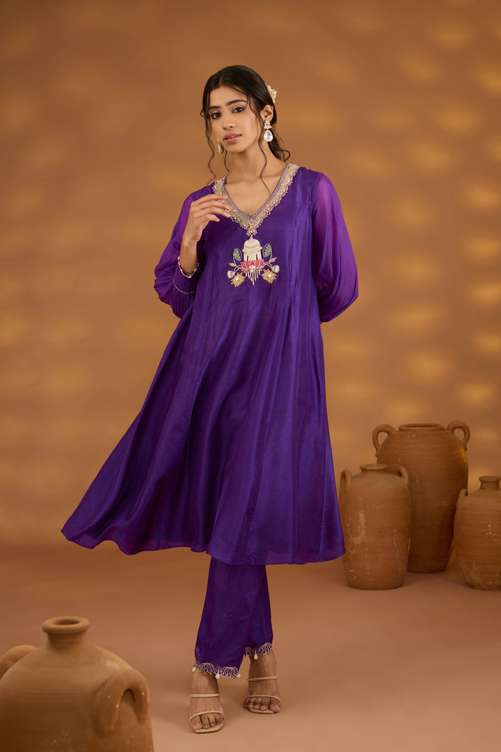 purple silk embroidered kurta set with dupatta