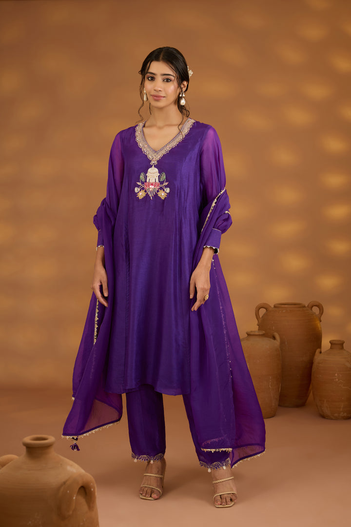 purple silk embroidered kurta set with dupatta