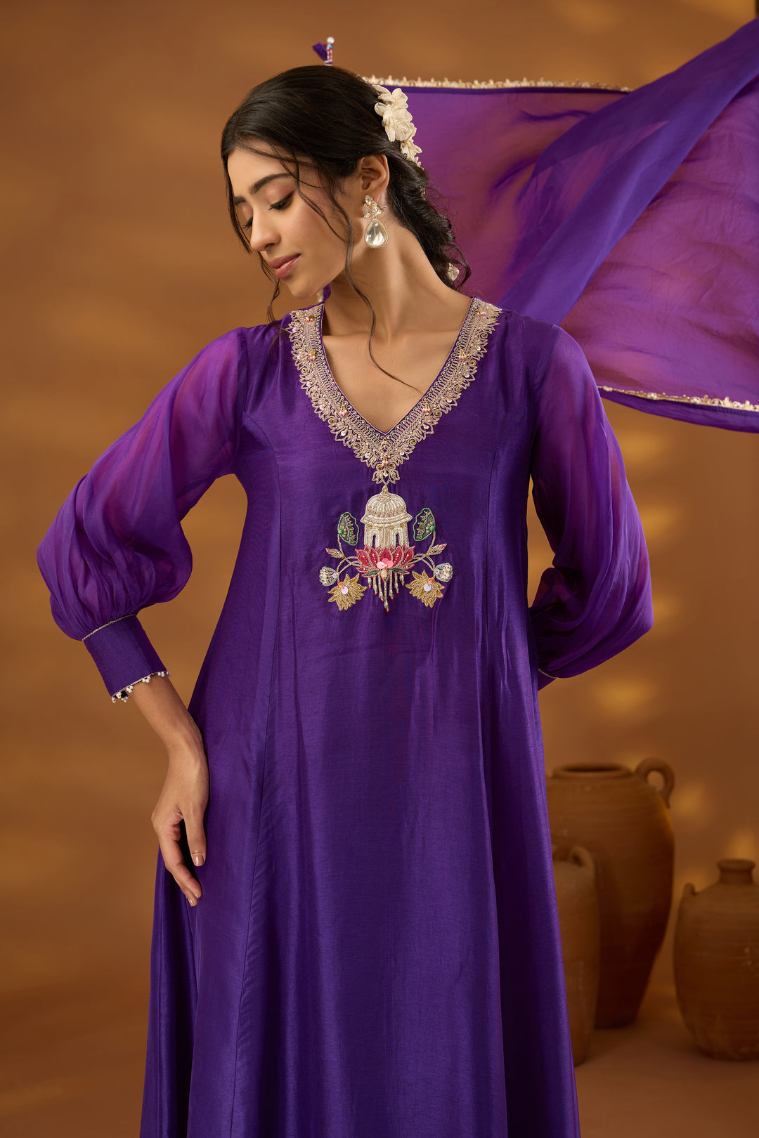 purple silk embroidered kurta set with dupatta