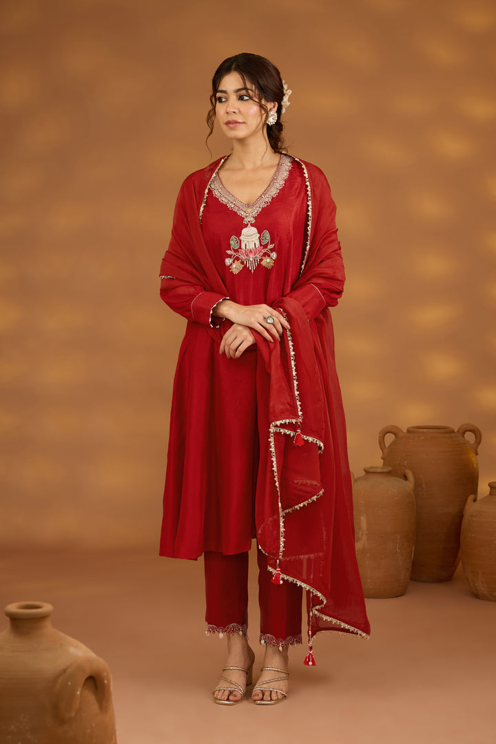 red silk embroidered kurta set with dupatta