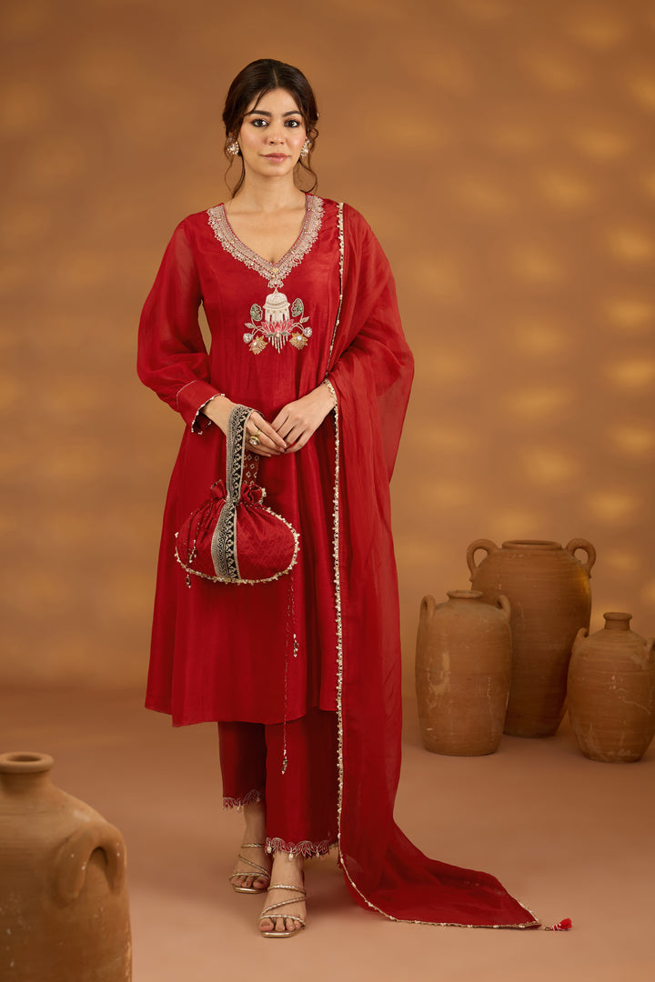 red silk embroidered kurta set with dupatta