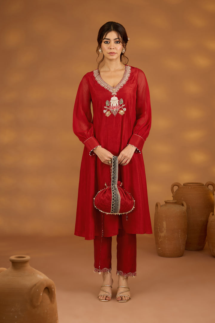 red silk embroidered kurta set with dupatta