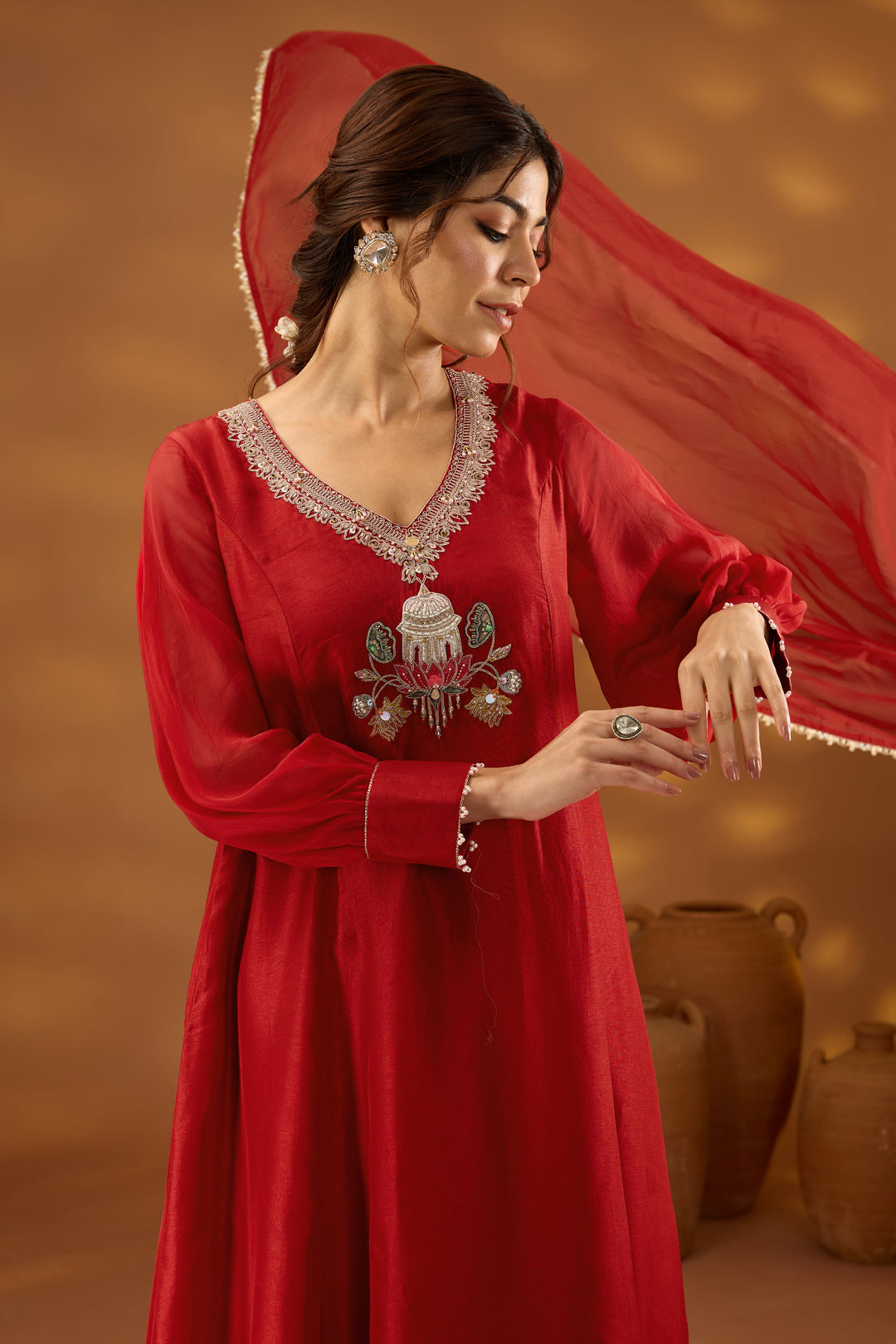 red silk embroidered kurta set with dupatta