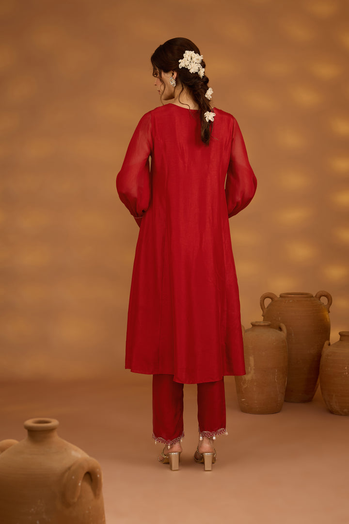 red silk embroidered kurta set with dupatta