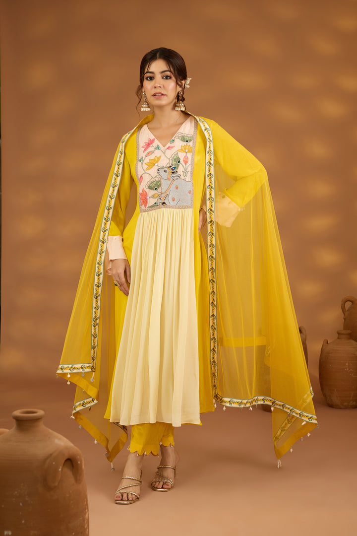 yellow colorblock embroidered kurta set with dupatta