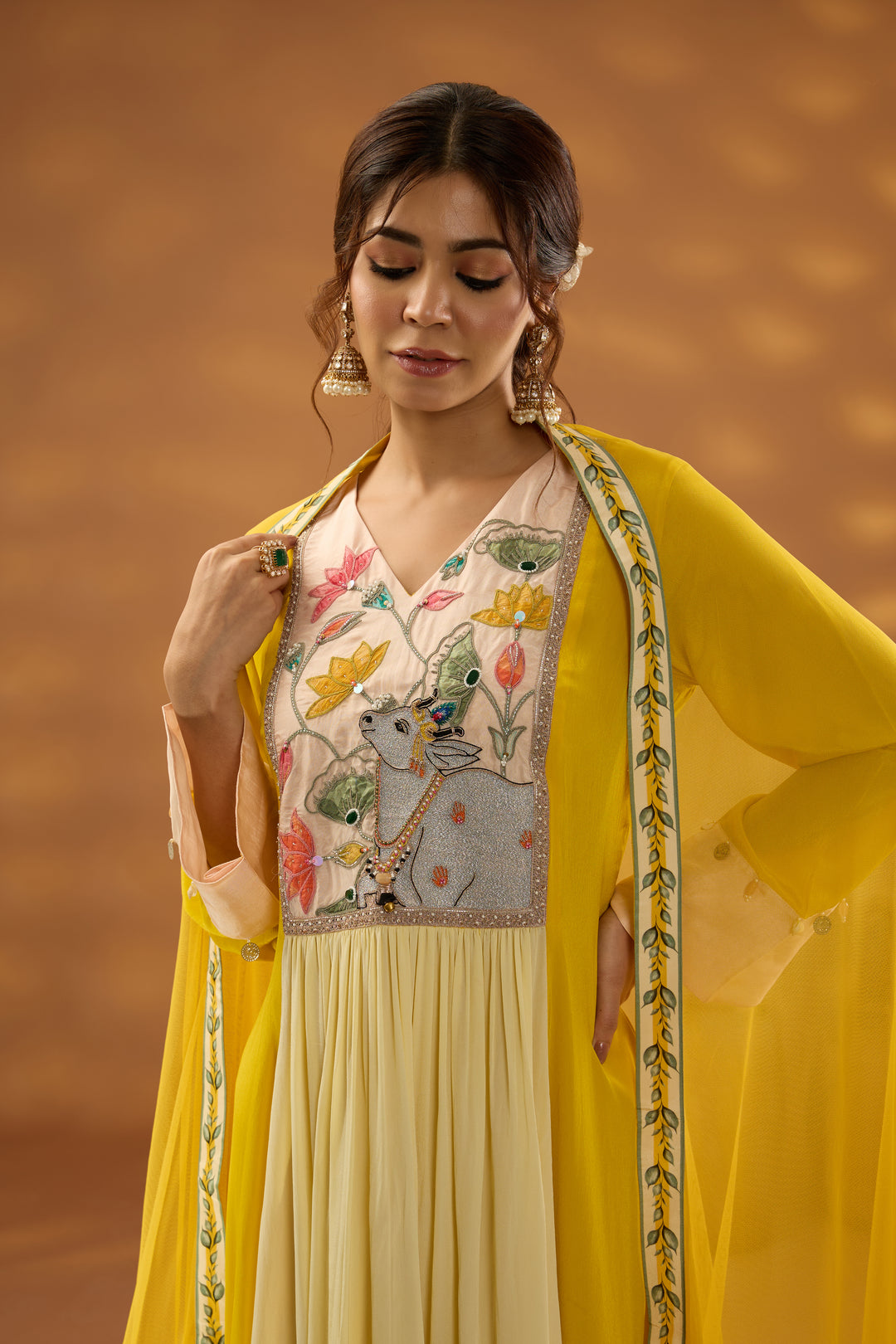 yellow colorblock embroidered kurta set with dupatta