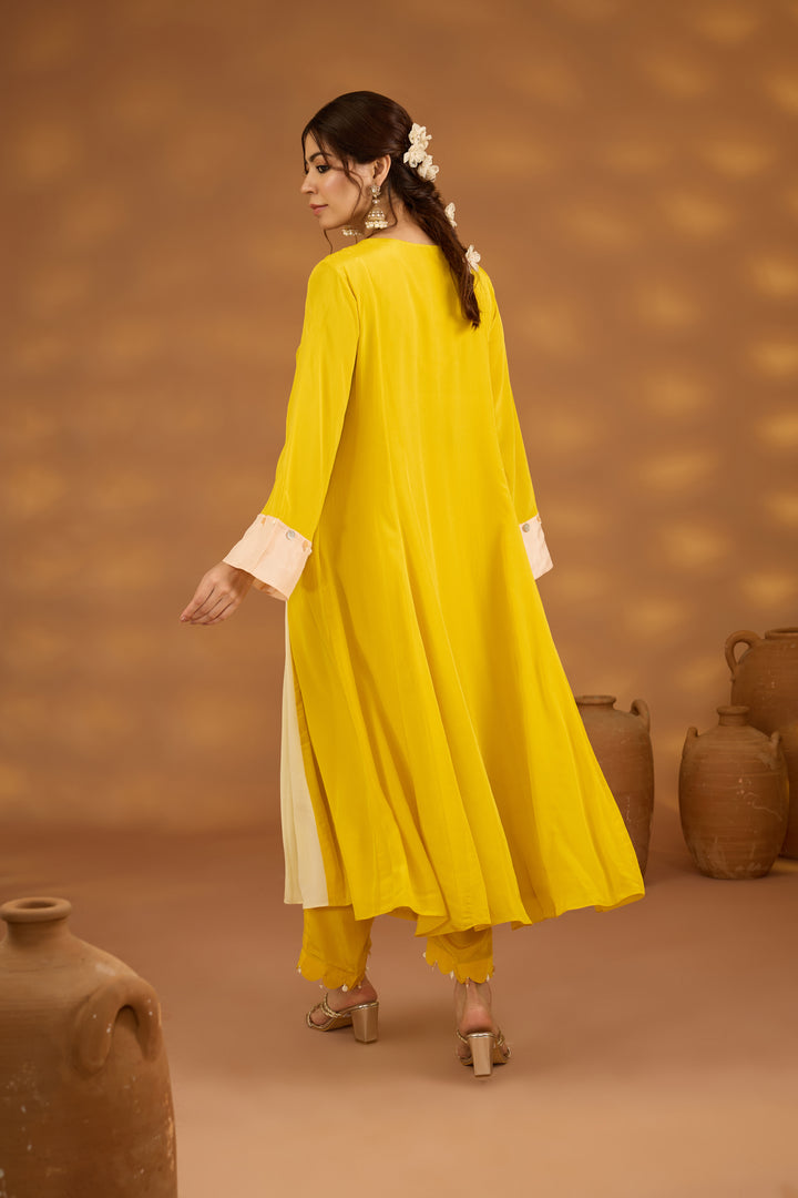 yellow colorblock embroidered kurta set with dupatta