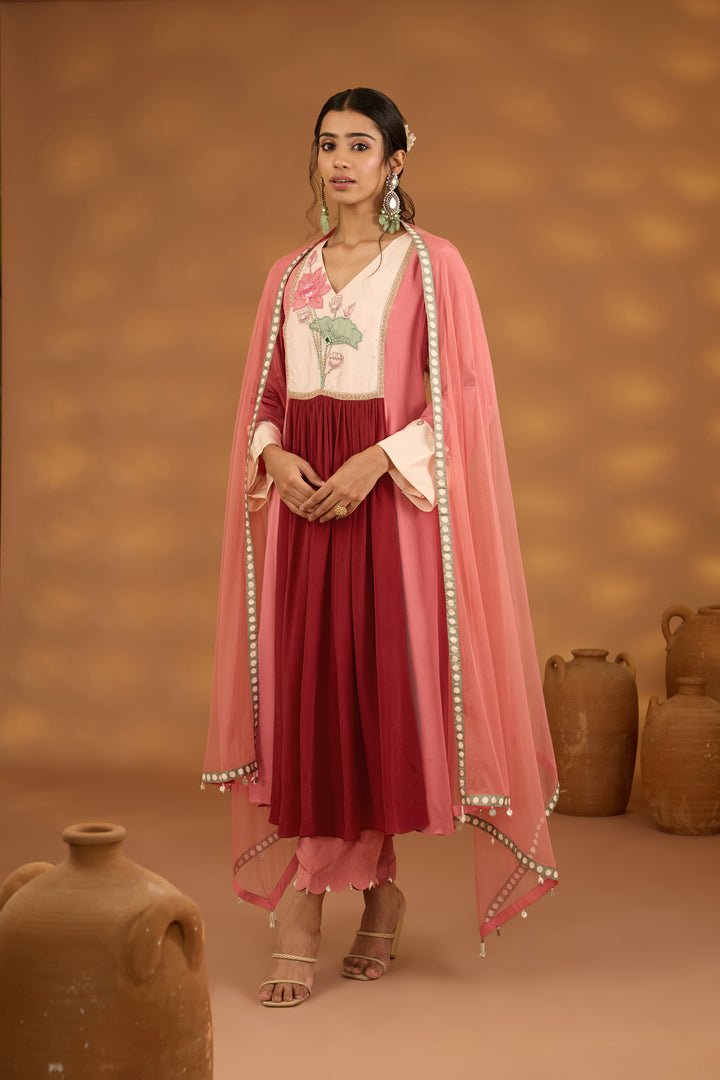 red and pink color block embroidered kurta set