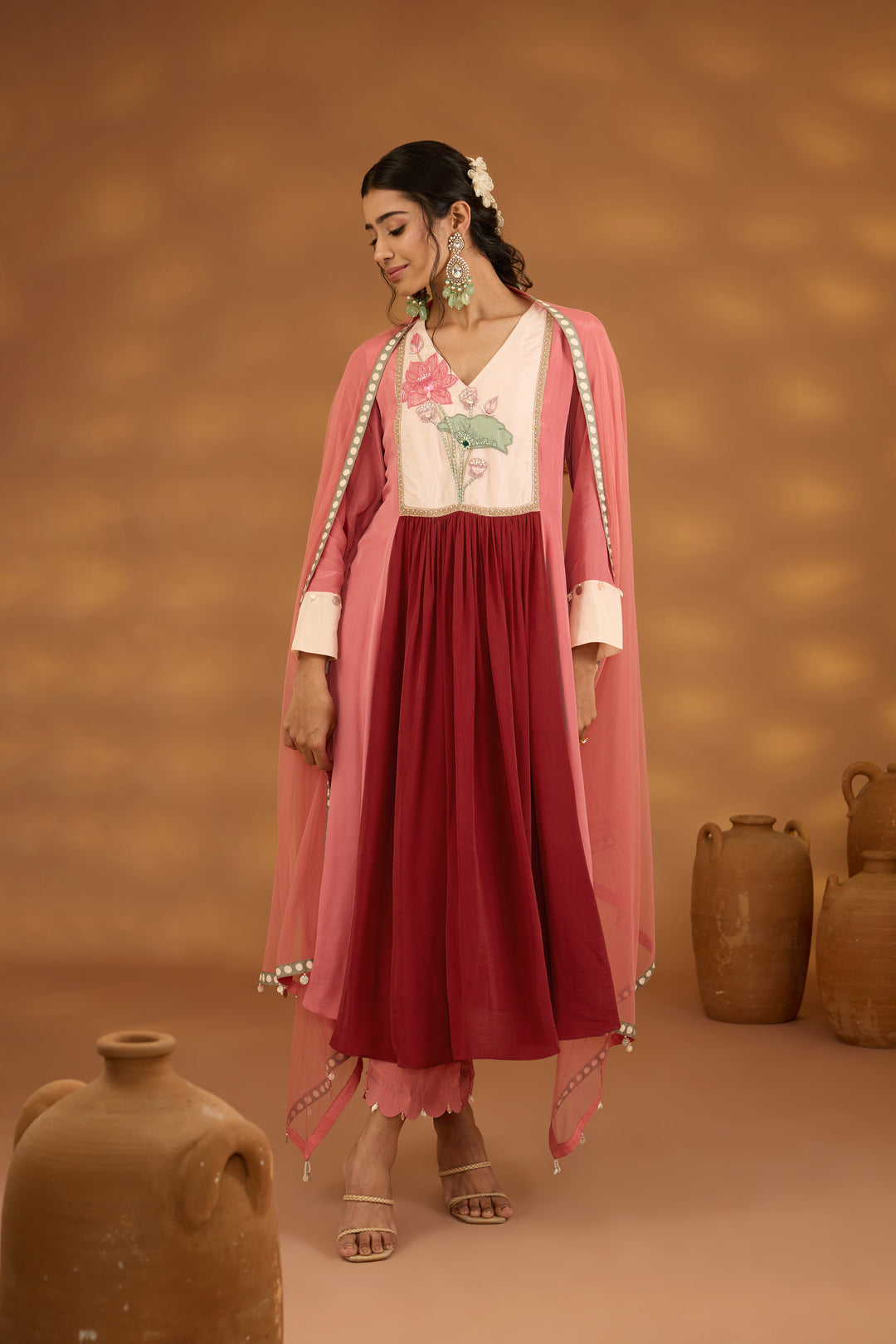 red and pink color block embroidered kurta set