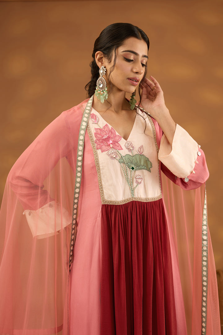 red and pink color block embroidered kurta set