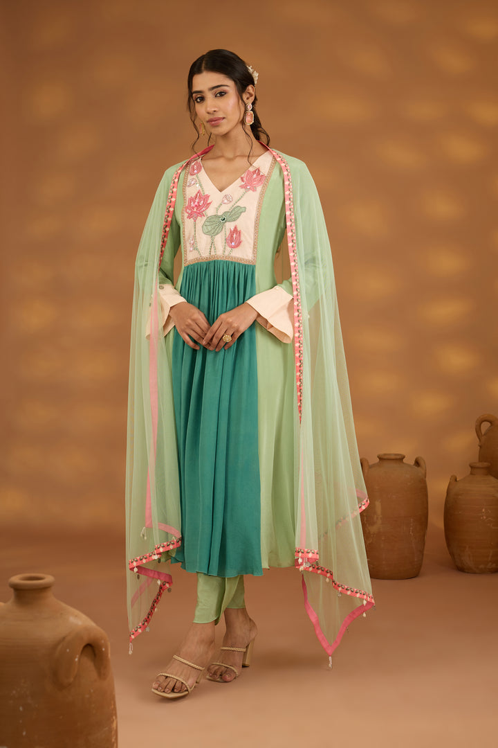 green colorblock embroidered kurta set with dupatta