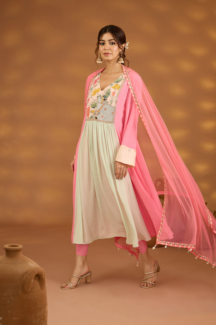 pink and aqua colorblock embroidered kurta set