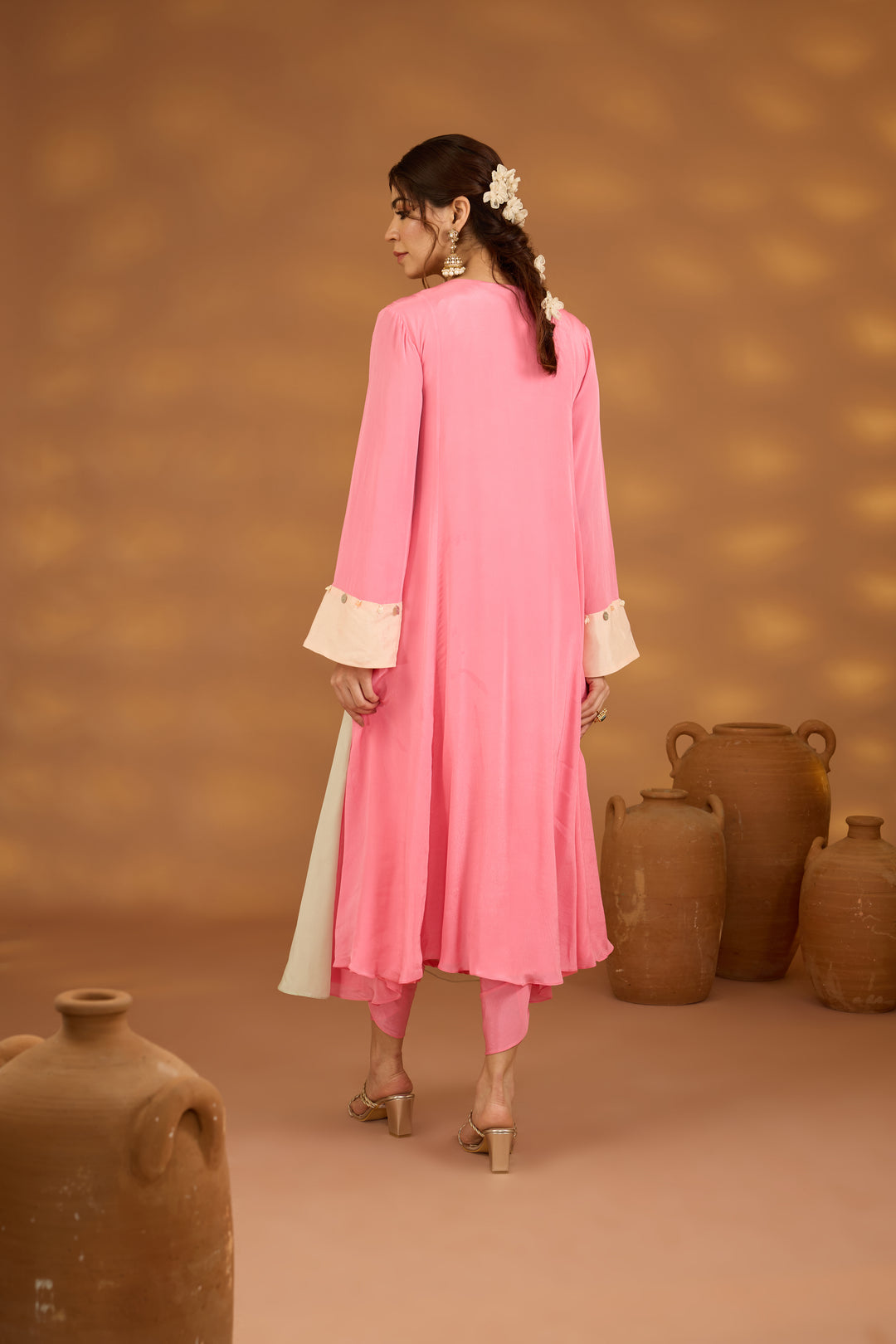 pink and aqua colorblock embroidered kurta set