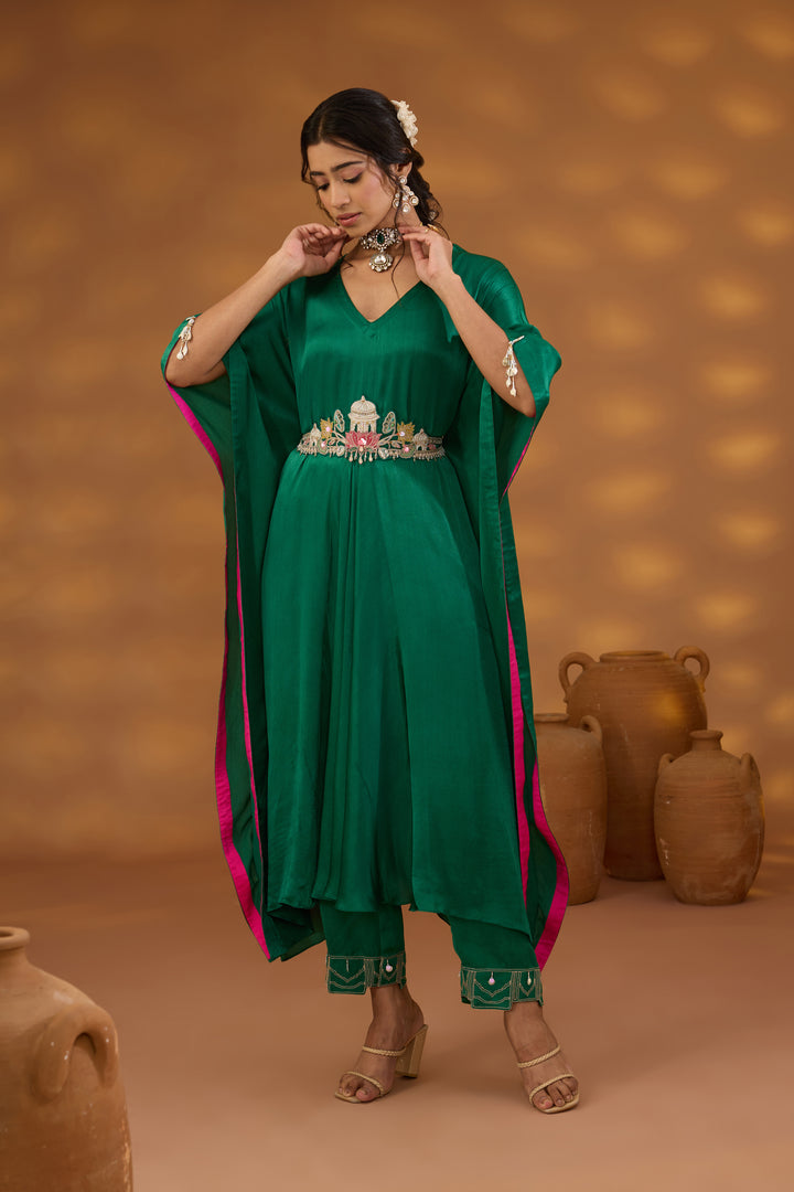 green chiffon satin embroidered drape kurta set