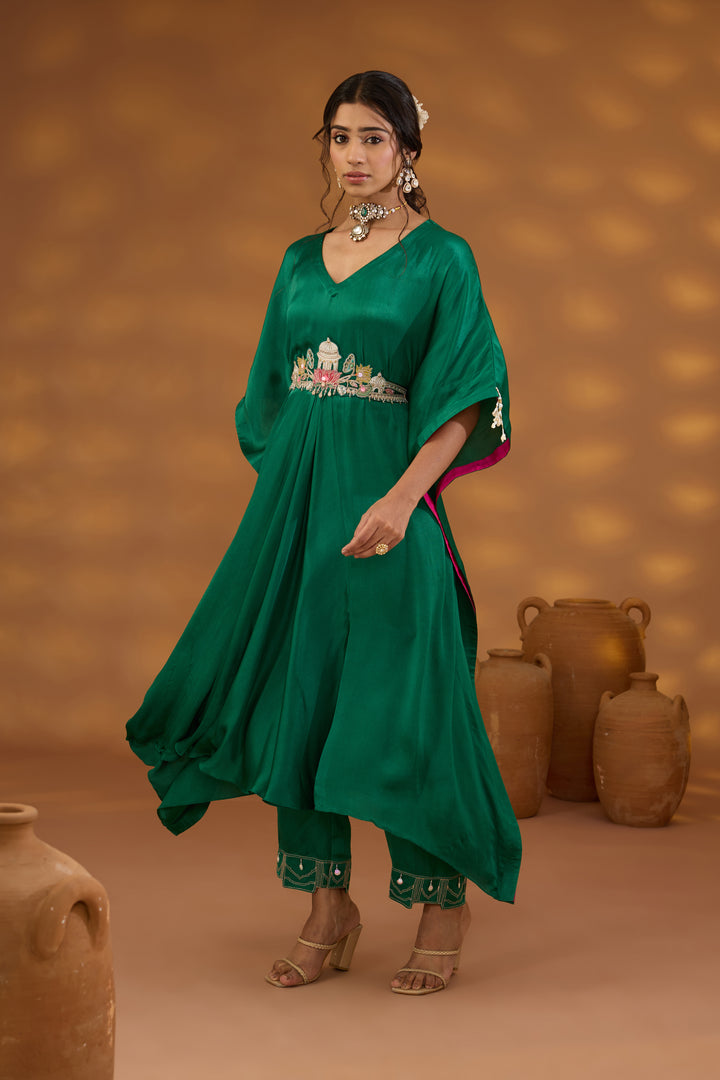 green chiffon satin embroidered drape kurta set