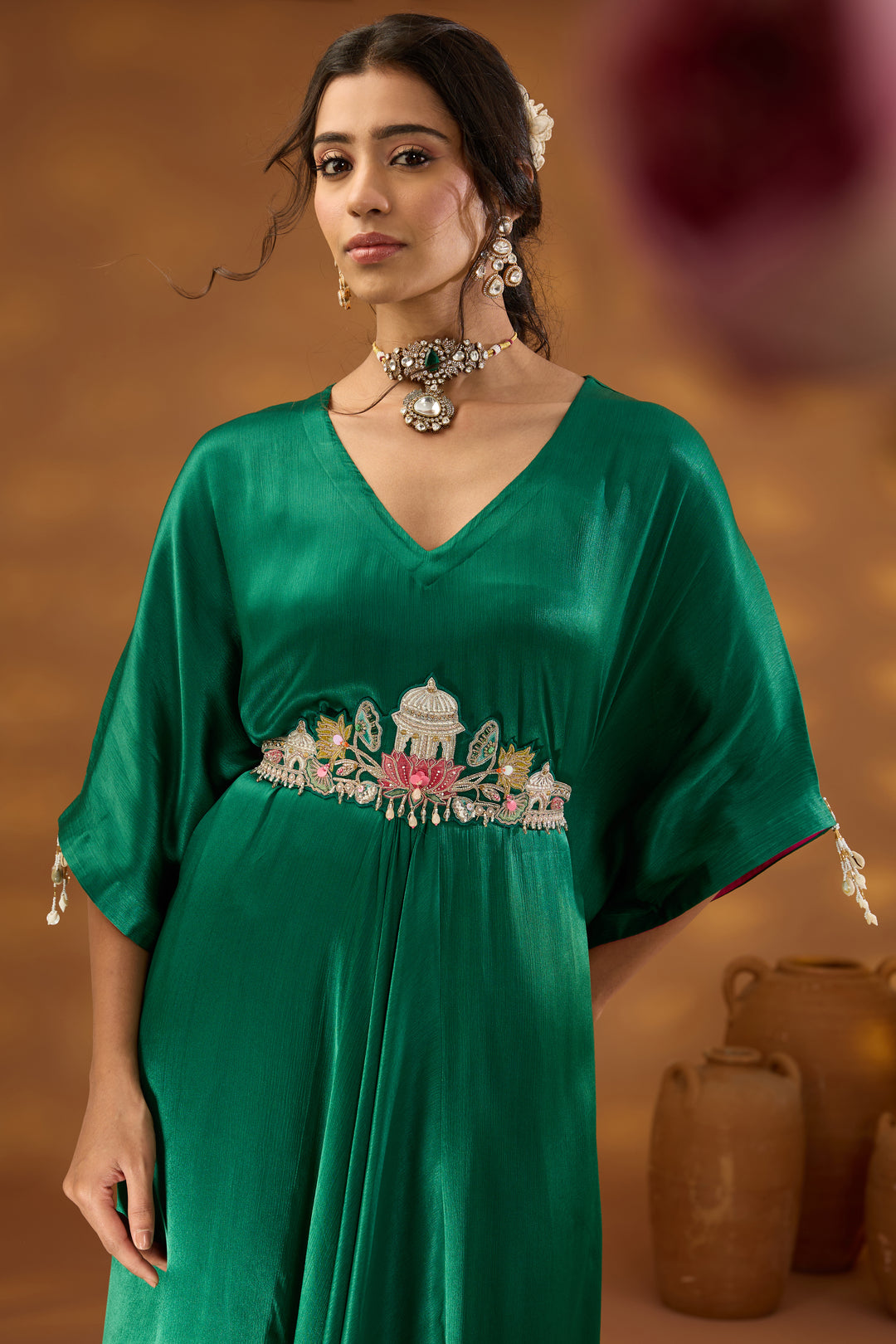 green chiffon satin embroidered drape kurta set