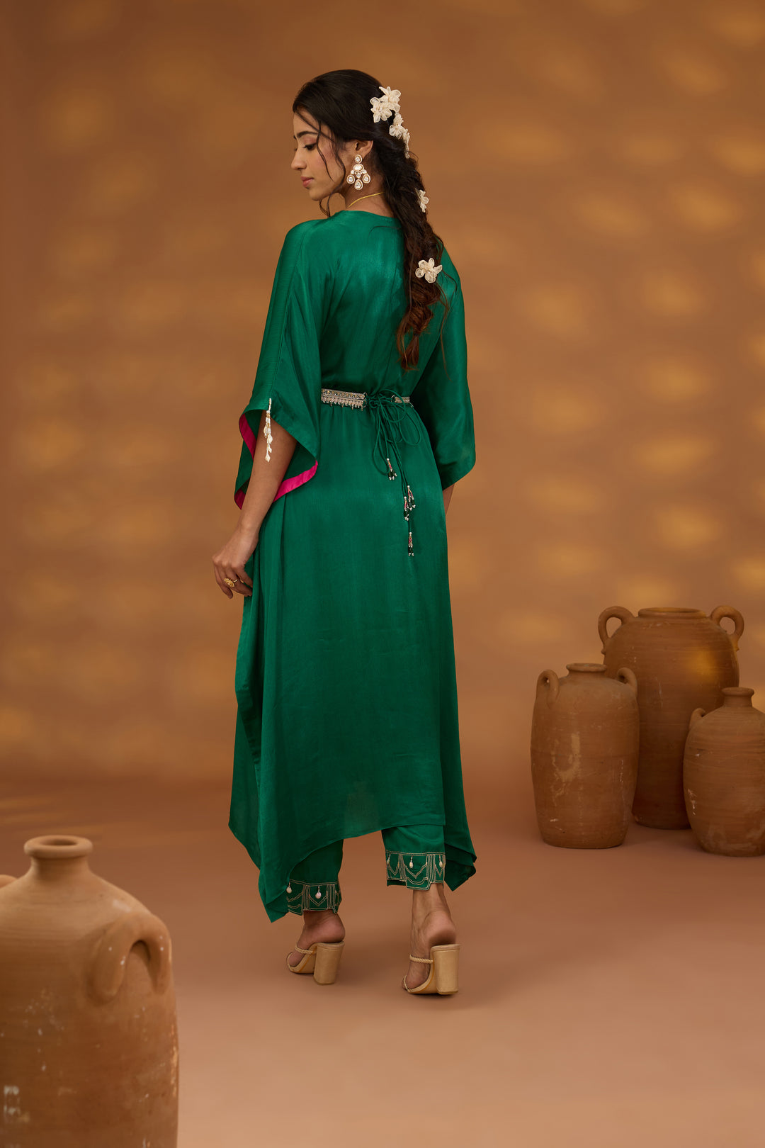 green chiffon satin embroidered drape kurta set