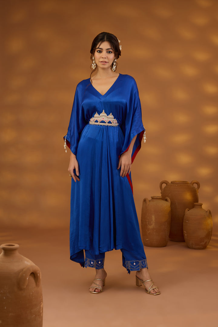 blue embroidered drape kurta set